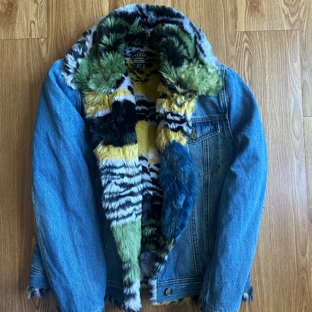 Guess Blue Denim Jacket with Multicolor Faux Fur Lining